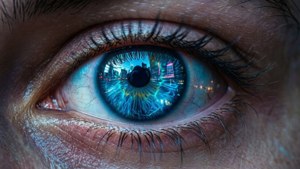 Picha ya karibu ya jicho lenye mwanga wa bluu ya neon, mtindo wa cyberpunk