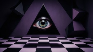 Muhtasari wa giza wenye jicho ndani ya pembetatu na vipengele vya kijiometri. — Trippy giza aesthetic Picha ya Ukuta