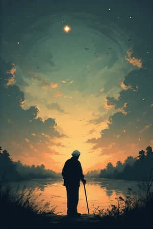 silhouette ya mzee, fimbo, ziwa, jioni, utulivu, rangi ya machungwa laini, anga la kijani, mawingu mepesi, nyota moja — Anga kijani Picha ya Ukuta