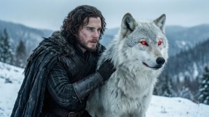 Jon Snow anasimama na mbwa mwitu wake Ghost kwenye theluji