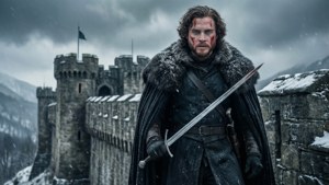 Jon Snow amesimama kwa ujasiri kwenye ngome za Winterfell baada ya vita