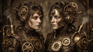 Jumeau za Gemini zilizohamishwa na Steampunk zenye maelezo ya kimekanika ya kusisimua, kamili kwa wallpaper ya kipekee.