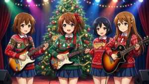 Michezo ya K-On! wakati wa sherehe ya Krismasi kwenye jukwaa — Anime ya krismasi Picha ya Ukuta