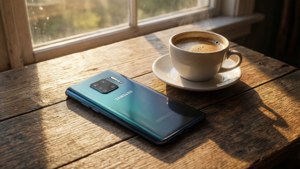 Tapeta la maisha ya kusaidia linaloweka Galaxy S10 kwenye meza ya mbao na kafe. — Galaxy s10 Picha ya Ukuta