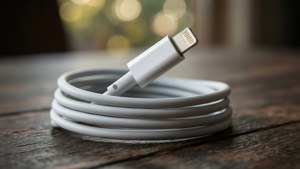 Picha ya karibu ya kamba ya kuchaji ya iPhone iliyozunguka juu ya mbao na mwanga wa bokeh