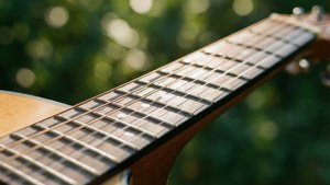 Karibu ya nyuzi za gitaa na bokeh ya kijani, mwanga wa jua wa joto. — Muziki lenzi Picha ya Ukuta