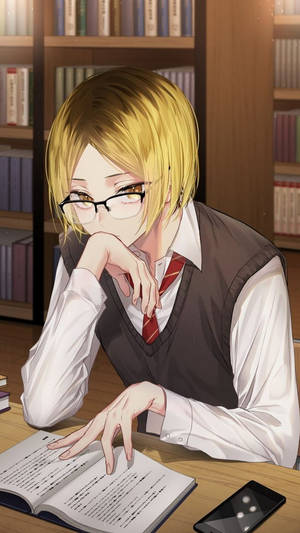 Kenma Akisoma Katika Maktaba — Anime simu Picha ya Ukuta