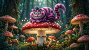 Paka wa Cheshire akiwa juu ya uyoga mkubwa katika msitu wa kichawi. — Paka Cheshire Picha ya Ukuta