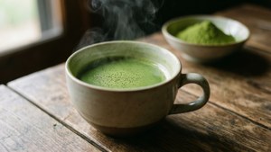 Kikombe cha chai ya matcha kijani juu ya meza ya mbao.