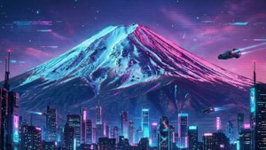 Tafsiri ya cyberpunk ya mlima wa theluji na nywele za neon na mji wa futuristic chini.