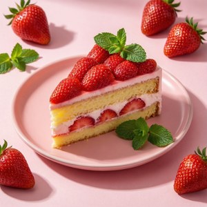 Kipande cha keki cha strawberry chenye kupendeza chenye matunda mabichi katika mtindo wa pastel. — Pambo la kupendeza Picha ya Ukuta
