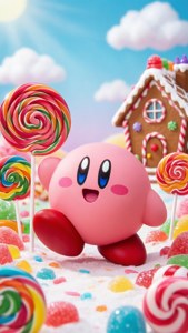 Kirby anastaa katika ardhi ya candy ya lolipops na nyumba za gingerbread, nyororo na tamu. — Kirby GIF Picha ya Ukuta