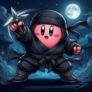 Kirby aliye mavazi ya ninja anatupa shuriken chini ya anga ya usiku wa mwezi. — Kirby GIF Picha ya Ukuta