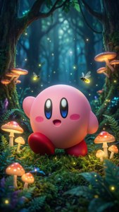 Kirby anazunguka misitu yenye sihri yenye uyoga unaomulika na mwanzi, ya ajabu na laini. — Kirby GIF Picha ya Ukuta