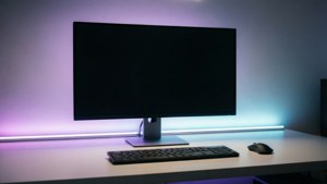 Mpangilio wa eneo-kazi safi na wa kisasa wenye taa za RGB.