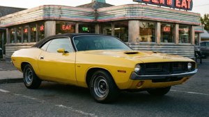 Plymouth Barracuda ya 1974 ya rangi ya njano iliyopakiwa mbele ya diner ya retro, mwanga wa alasiri, nostalgic.