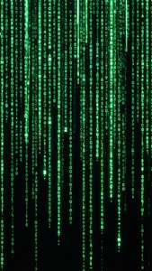 Mvua ya kodi ya matrix ya kijani juu ya rangi nyeusi, inayowezesha kwa skrini ya OLED.