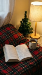 Kona yenye faraja na blanketi ya plaid, chai, na mti mdogo. — iPhone 5 Picha ya Ukuta