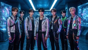Kikundi cha wavulana cha Kpop kilichohamasishwa na cyberpunk katika mazingira ya siku zijazo. — Kpop GIF Picha ya Ukuta