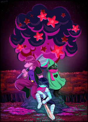 Deltarune characters chini ya cloud yenye nyota za nyekundu wallpaper — OnePlus Pad Picha ya Ukuta