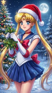 Sailor Moon ameketi kofia ya Santa mbele ya mti wa Krismasi — Anime ya krismasi Picha ya Ukuta