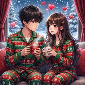 Wawili wa anime wanaovyo kwa pijama za Krismasi wakichungulia theluji — Anime ya krismasi Picha ya Ukuta