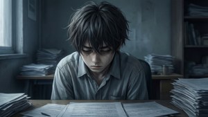 Mwanamume wa anime mwenye mwoneko anayefadhaika kwenye maktaba. — Anime ya kusikitisha Picha ya Ukuta