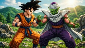 Goku na Piccolo wakifanya mazoezi katika eneo lenye mawe. — Goku Picha ya Ukuta