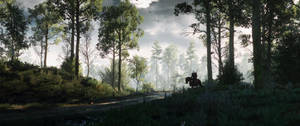 Mandhari ya UltraWide ya msitu kutoka mchezo wa Witcher 3.