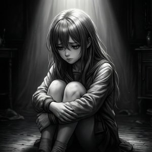 Msichana wa anime mwenye huzuni amejikunja katika chumba chenye giza na mwanga wa kuvutia. — Anime ya kusikitisha Picha ya Ukuta