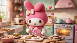 My Melody akifanya kuki za kula, picha ya kawaida yenye tatizo la tatizo. — Kawaii Picha ya Ukuta