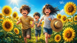 Watoto wa anime wakicheza kwenye shamba la alizeti siku ya kiangazi yenye mwanga mwangavu. — Watoto wa anime Picha ya Ukuta