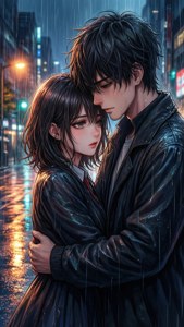 Wapenzi wa anime wakikumbatiana kwenye mvua — Mwanandoa wa anime Picha ya Ukuta