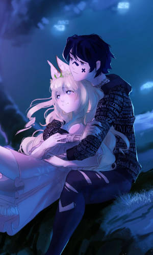 Mandhari ya Kumbatio la Anime Chini ya Anga la Usiku