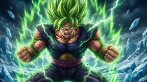 Taswira ya kusisimua ya Broly katika hali yake ya Legendary Super Saiyan, ikimwangaza nguvu katikati ya barafu na uharibifu. — Dragon ball super broly Picha ya Ukuta