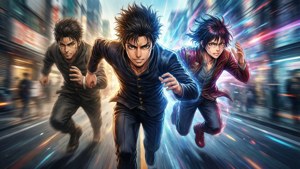 Takemichi akikimbia kupitia wakati kwa athari ya skrini iliyogawanyika katika rangi nyororo. — Tokyo revengers Picha ya Ukuta