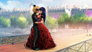 Ladybug na Cat Noir Mbusu juu ya bridge wallpaper