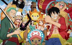 One Piece Desktop Luffy Wafuasi Kwenye Mashua — One Piece desktop Picha ya Ukuta