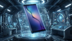 Picha ya kisayansi ya kubuni yenye Galaxy S10 inayoelea katika maabara ya holografia. — Galaxy s10 Picha ya Ukuta