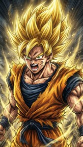 Mabadiliko ya kwanza ya Goku kuwa Super Saiyan, kelele ya kipekee ya manjano. — Goku Picha ya Ukuta