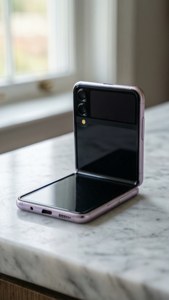 Z Flip 5 ya minimalist ikiwa juu ya marumaru na mwanga wa pastel laini