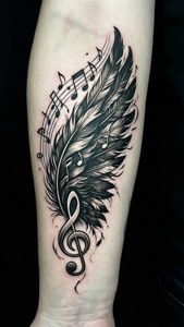 Tatoo ya mabawa mchanganyiko na noti za muziki, mada ya muziki. — iPhone 5 Picha ya Ukuta