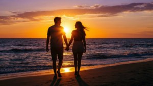 Silhouette ya mwisho wa bahari ya wawili wawili wakati wa magharibi, aesthetic ya msimu wa kiangazi. — Mandhari ya kiangazi Picha ya Ukuta