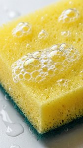 Upimaji wa karibu wa sponge ya njano na mafuta ya sabuni na matone ya maji.