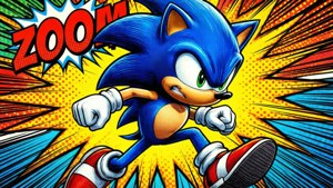 Sonic anapanda kutoka kwenye kurasa za katuni na athari za ujasiri.