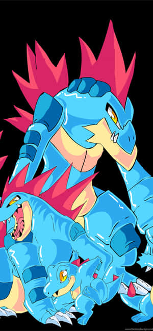 Mageuko ya Totodile - Picha za Totodile, Croconaw, na Feraligatr kwa Rangi Nyeusi — Anime simu Picha ya Ukuta