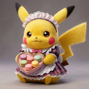 Pikachu akiwa amevalia vazi la kijakazi akiandaa macarons, picha ya kupendeza na ya kuvutia.