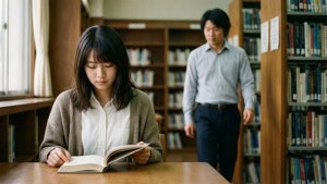 Rikako akitafuta katika maktaba huku Taku akimkaribia