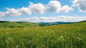 Meadow ya kijani kibichi yenye maua ya mwituni na anga la bluu, mandhari ya kufurahisha ya majira ya joto. — Kijani aesthetic GIF Picha ya Ukuta