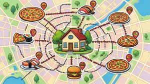 Mapa ya doodle ya kucheza inayoweka ruta za utoaji wa chakula kwa nyumba